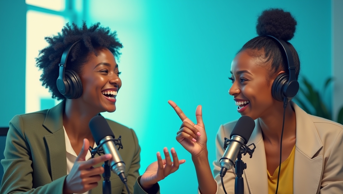 Engaging conversation in podcast studio